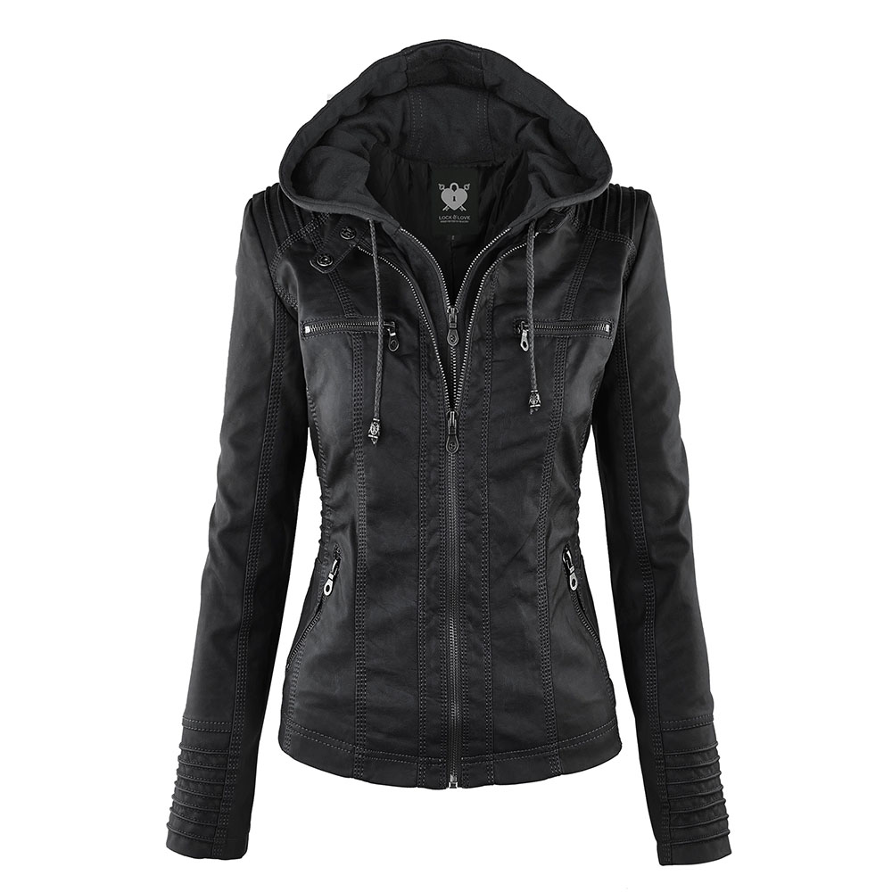 Women's Faux Leather Zippered Motorcycle Jacket with Hoodie - Black - XS