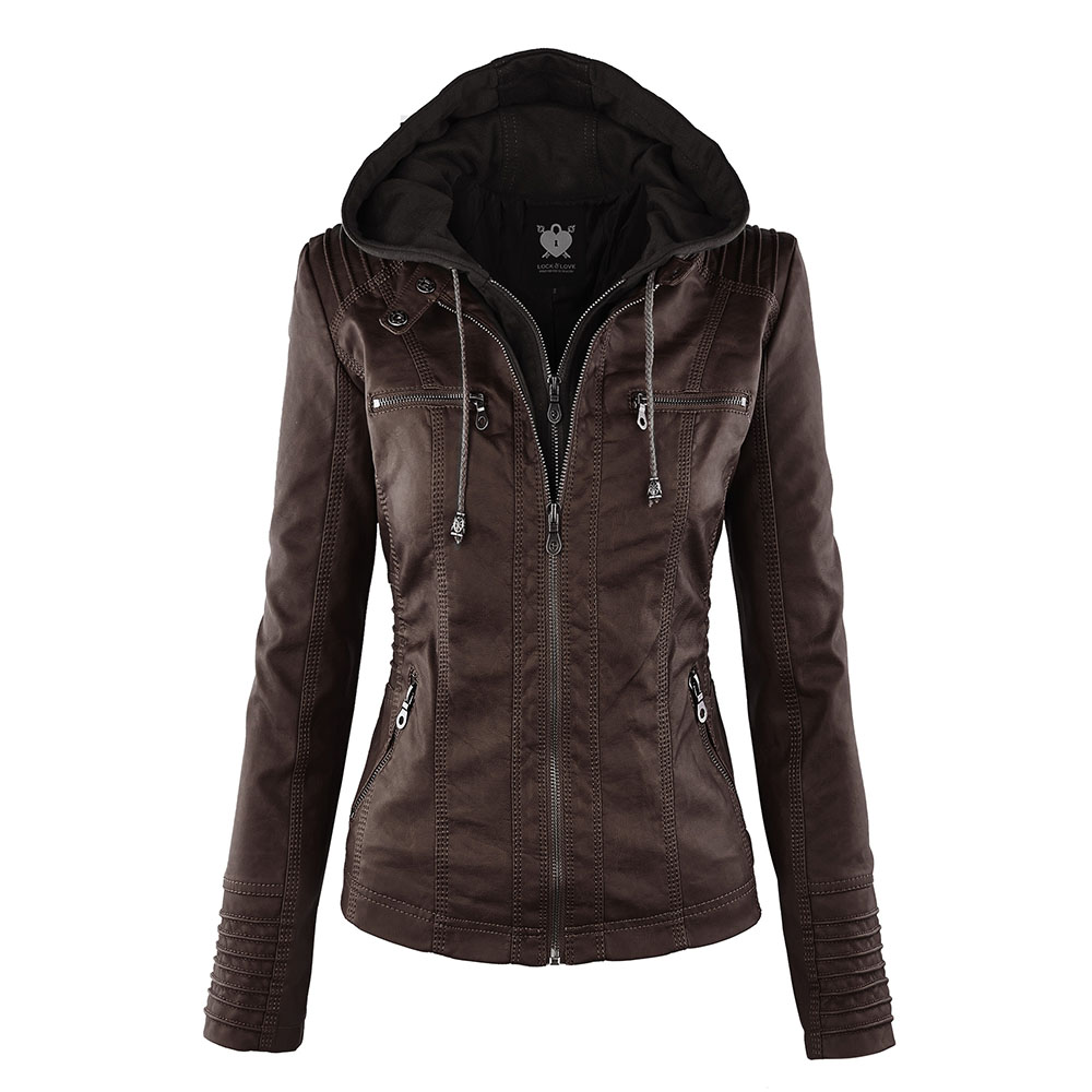 Women's Faux Leather Zippered Motorcycle Jacket with Hoodie - Coffee - XL