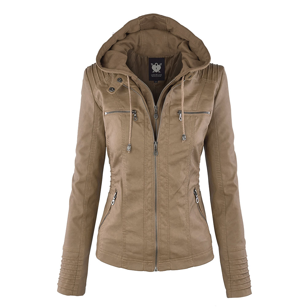 Women's Faux Leather Zippered Motorcycle Jacket with Hoodie - Khaki -Small