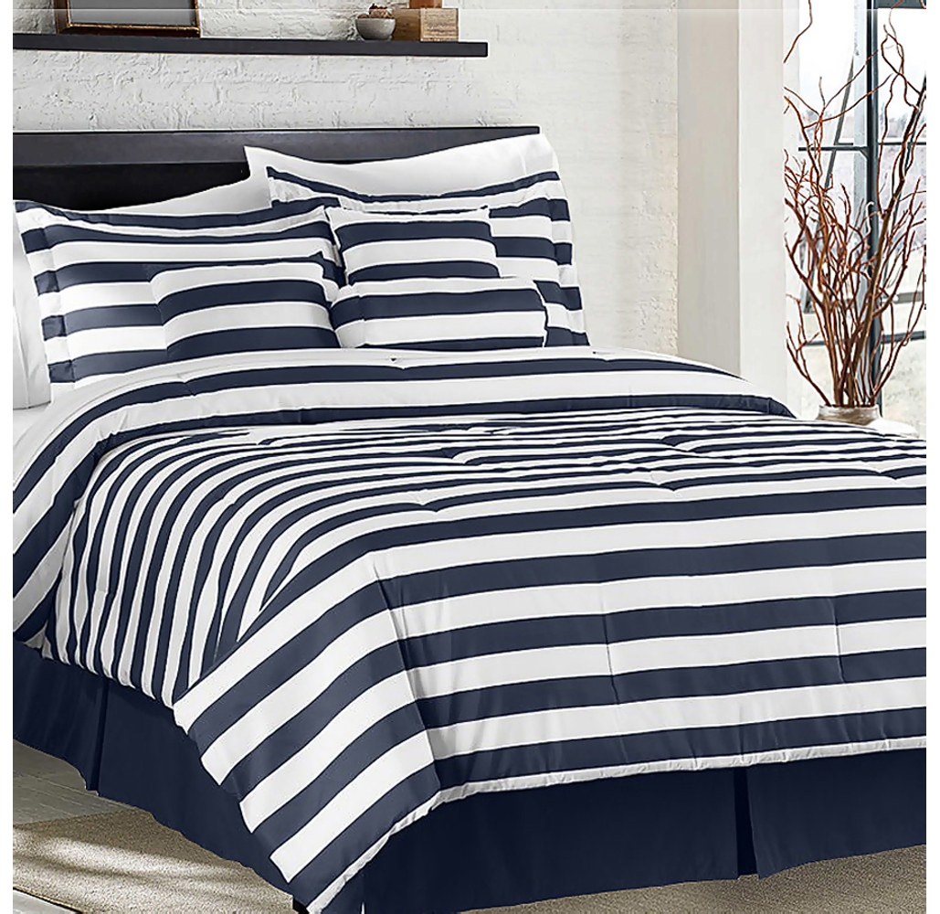 Horizontal Stripe 7-Piece Comforter Set - Queen - White/Navy