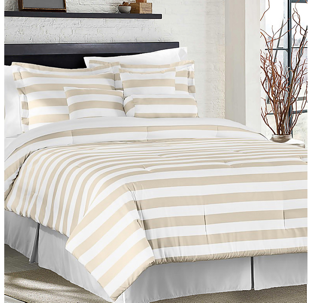 Horizontal Stripe 7-Piece Comforter Set - Queen - White/Taupe