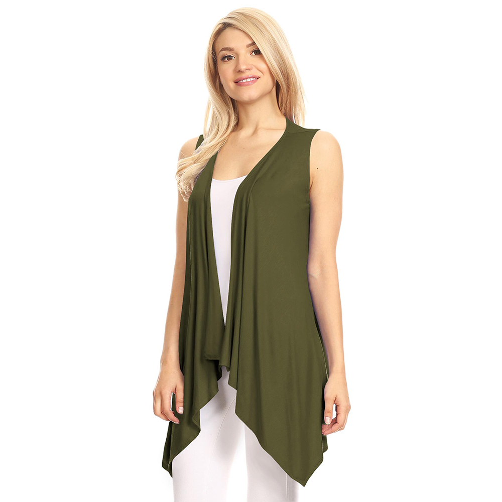 Women's Lightweight Sleeveless Solid Open-Front Drape Vest Cardigan - Olive - Small