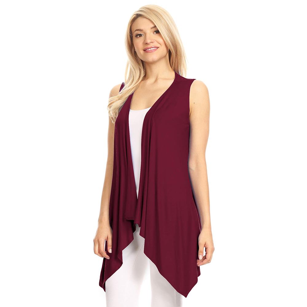 Women's Lightweight Sleeveless Solid Open-Front Drape Vest Cardigan - Wine - Small