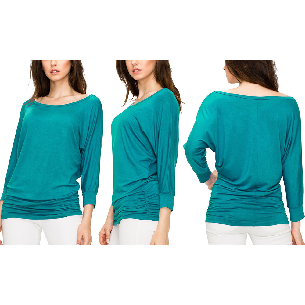 Women's Crew Neck 3/4 Sleeve Drape Dolman Top with Side Shirring - Jade - Medium