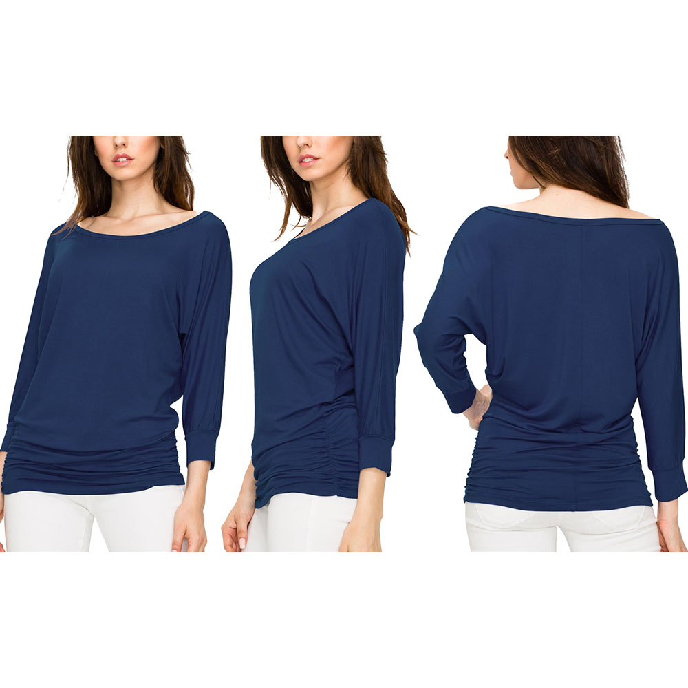 Women's Crew Neck 3/4 Sleeve Drape Dolman Top with Side Shirring - Navy - Large