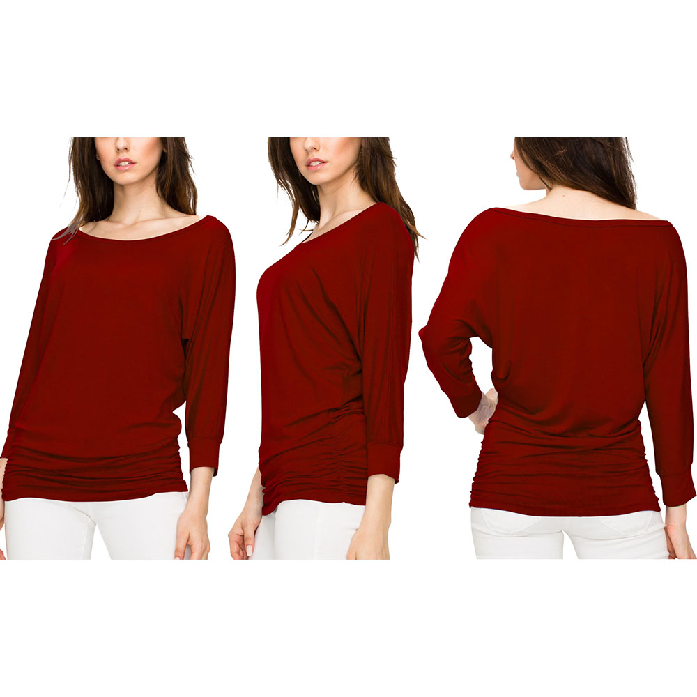 Women's Crew Neck 3/4 Sleeve Drape Dolman Top with Side Shirring - Wine - Medium