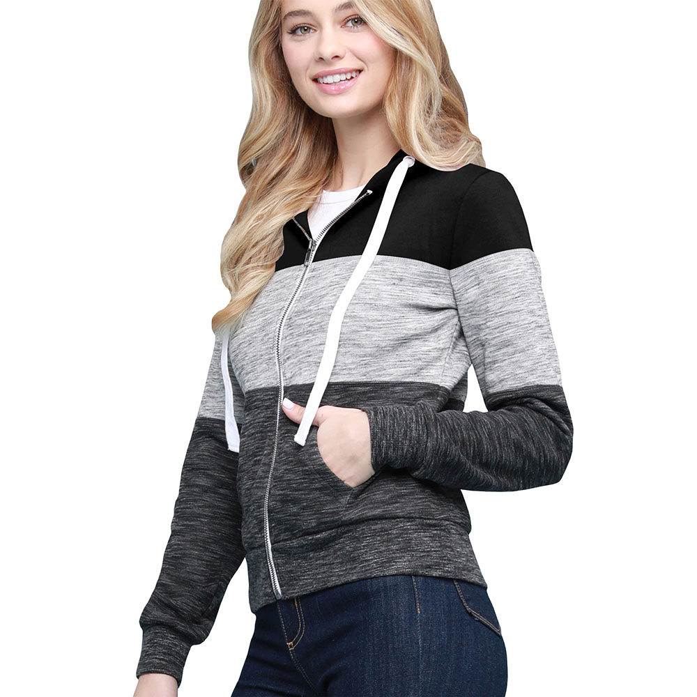 Women's Slim Fit Casual Zip-up Color Block Hoodie - BLACK GREY XS