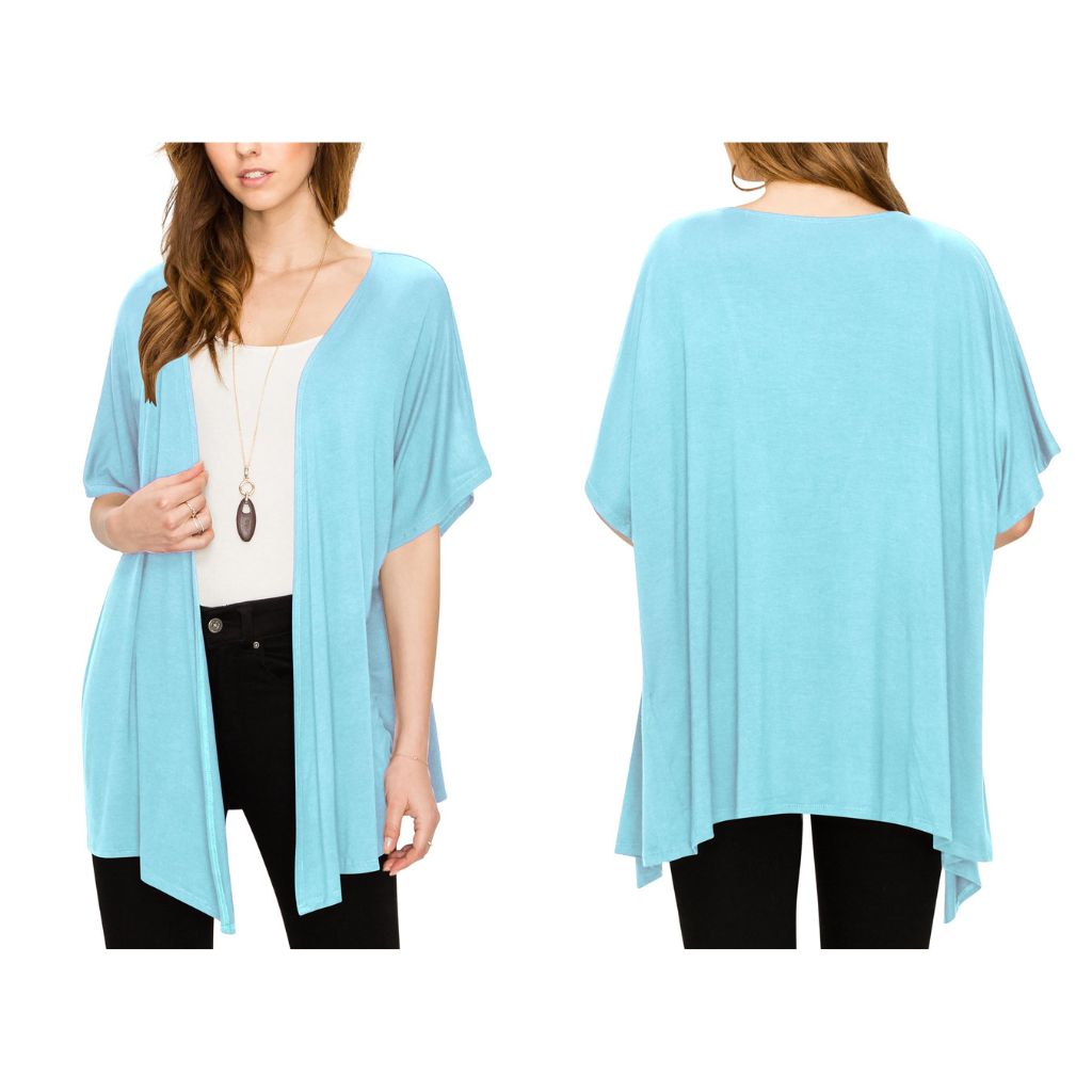Women's Short Sleeve Open-Front Loose Kimono-Style Cardigan - Small - Aqua