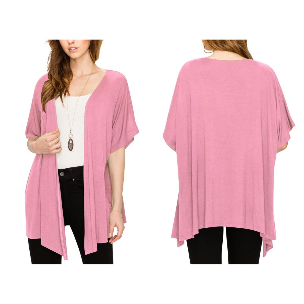 Women's Short Sleeve Open-Front Loose Kimono-Style Cardigan - Large - Pink
