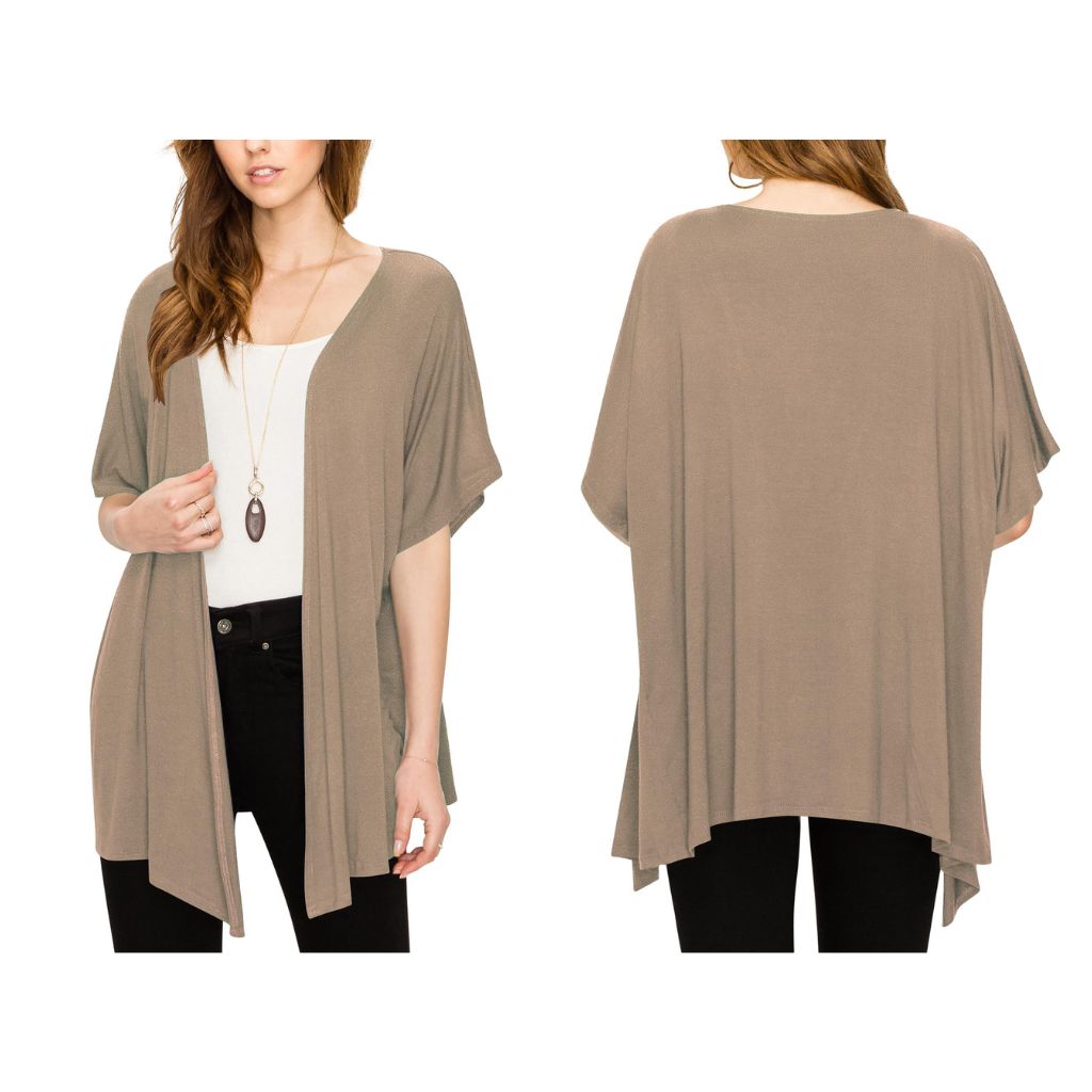 Women's Short Sleeve Open-Front Loose Kimono-Style Cardigan - X-Large - Taupe