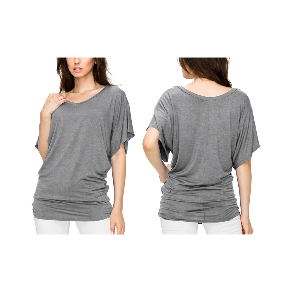 Women's Solid Short Sleeve V-Neck Dolman Top - Heather Dark Grey - 2XL