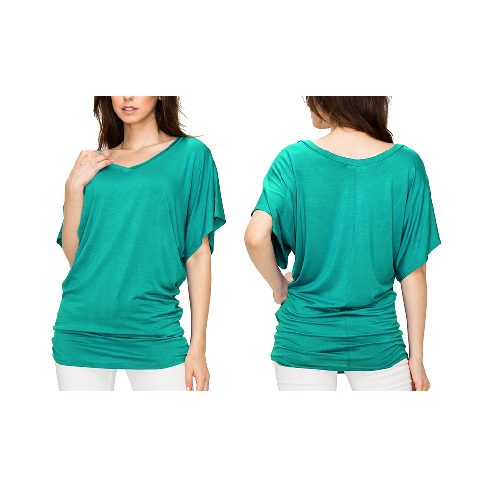 Women's Solid Short Sleeve V-Neck Dolman Top - Jade - XS