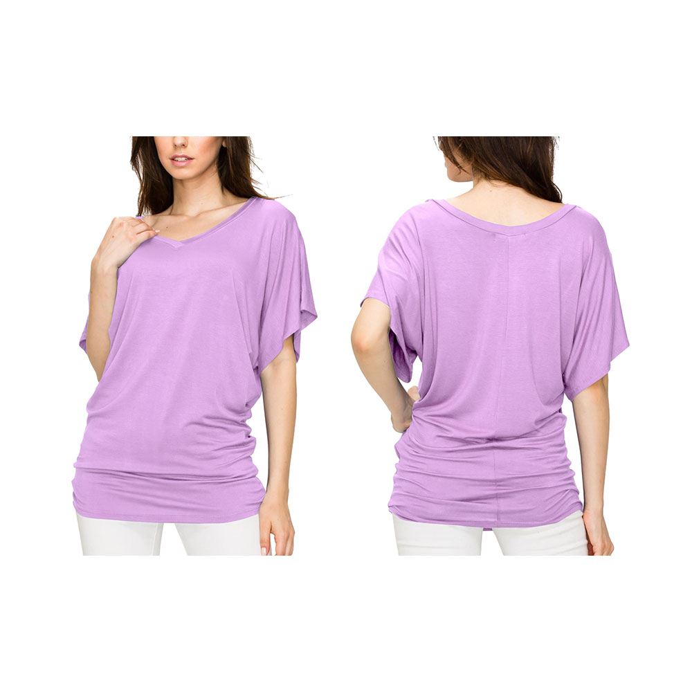 Women's Solid Short Sleeve V-Neck Dolman Top - Lavender - 3XL