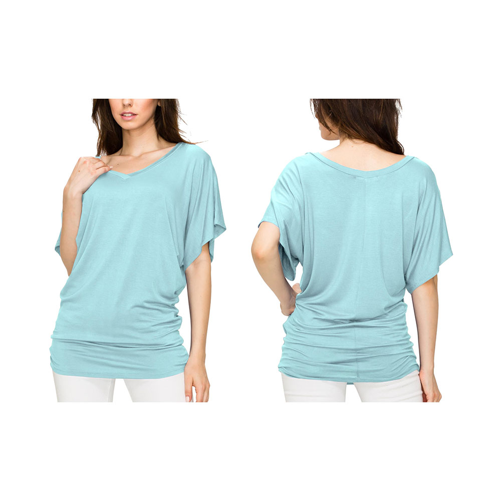 Women's Solid Short Sleeve V-Neck Dolman Top - Light Blue - Small