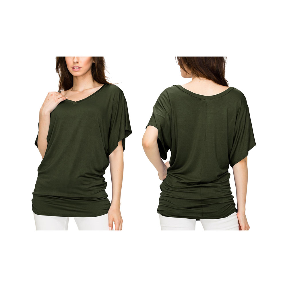 Women's Solid Short Sleeve V-Neck Dolman Top - Olive - Medium