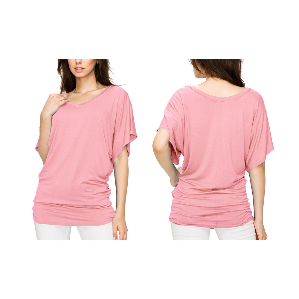 Women's Solid Short Sleeve V-Neck Dolman Top - Pink - 3XL