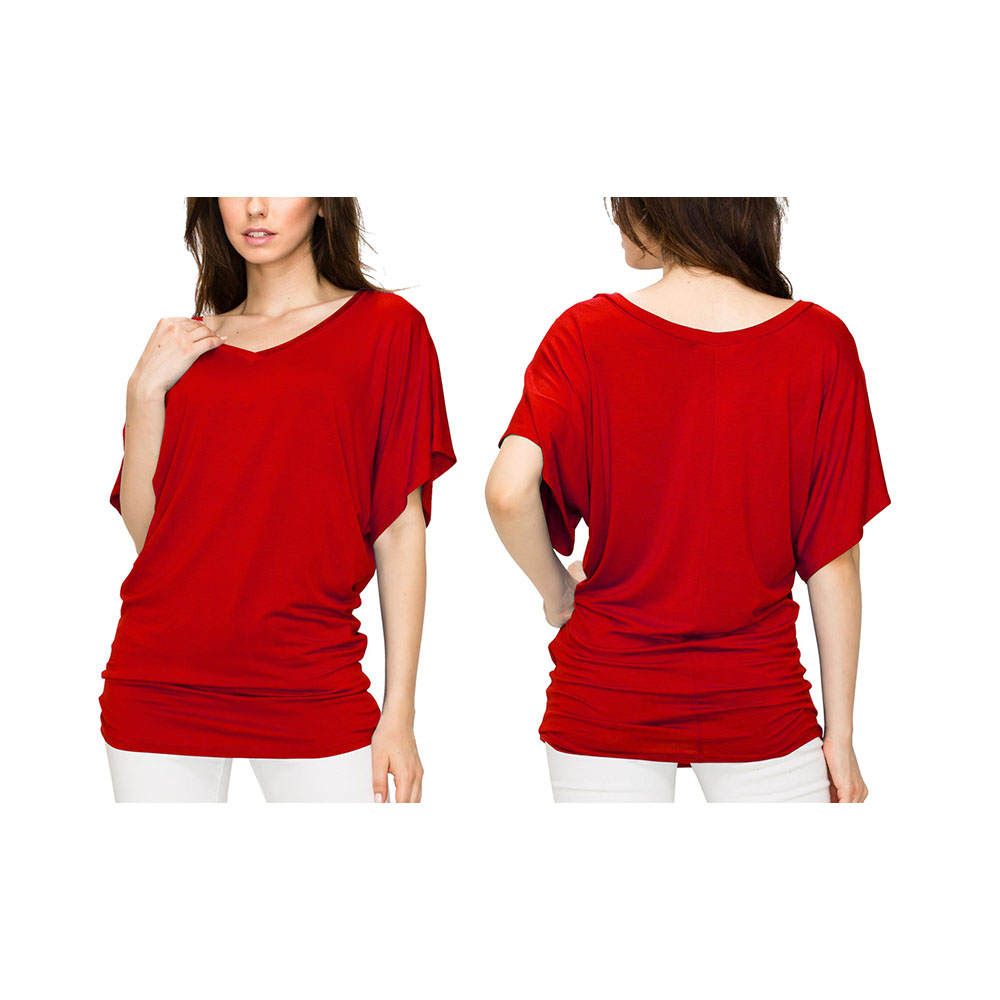 Women's Solid Short Sleeve V-Neck Dolman Top - Red - 2XL