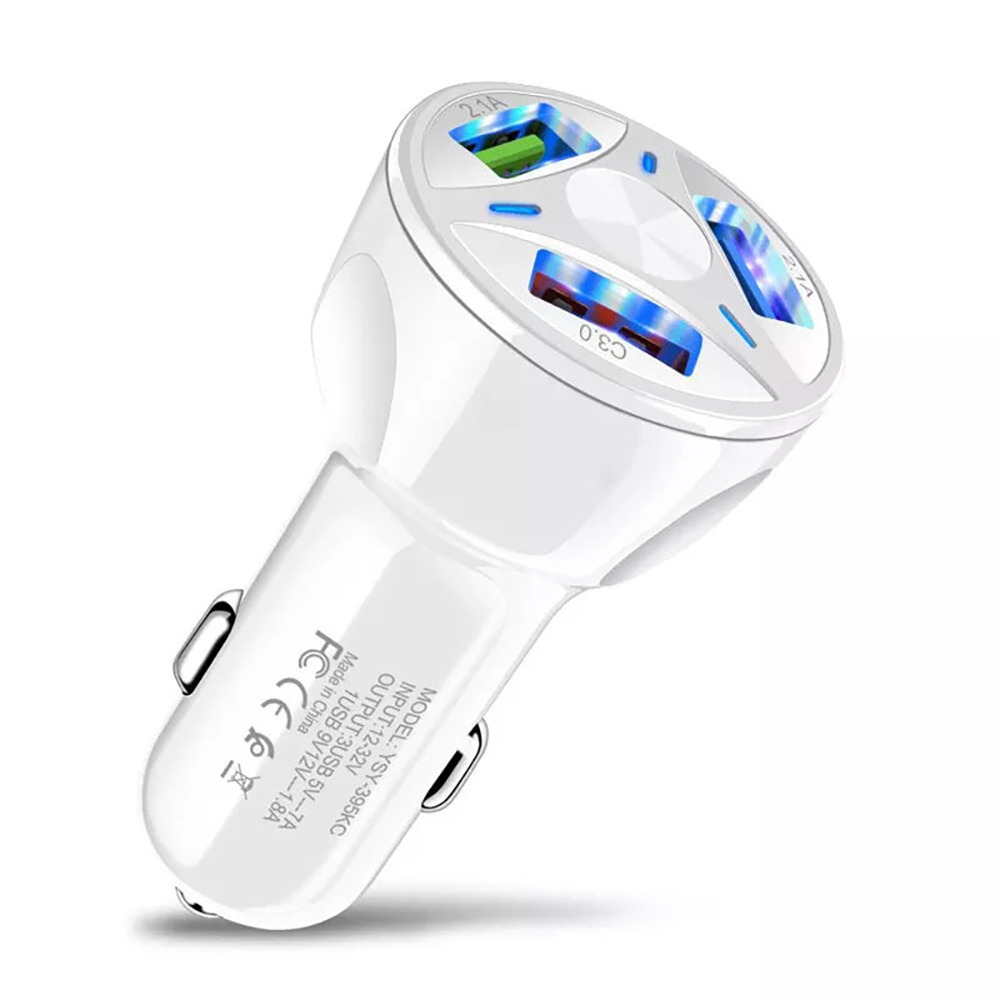 3-Port USB Car Quick Charger with Light-up LED Indicators - White