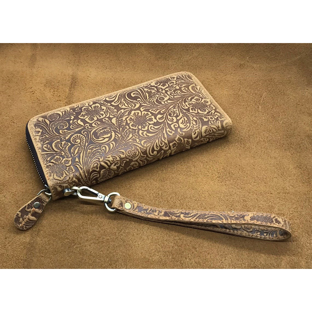 Women's Leather Wallet Flower Clutch - Light Brown