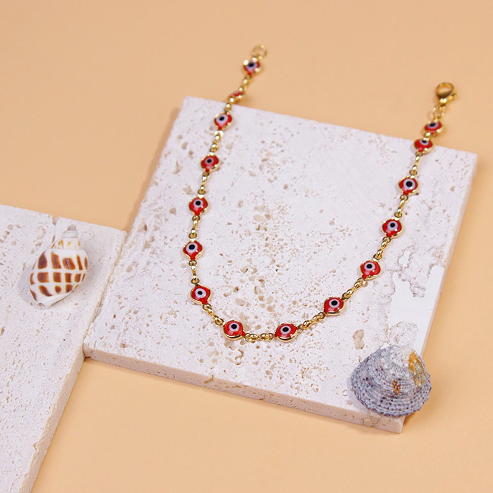 18K Yellow Gold Evil Eye Crystal Ankle Bracelet - Red