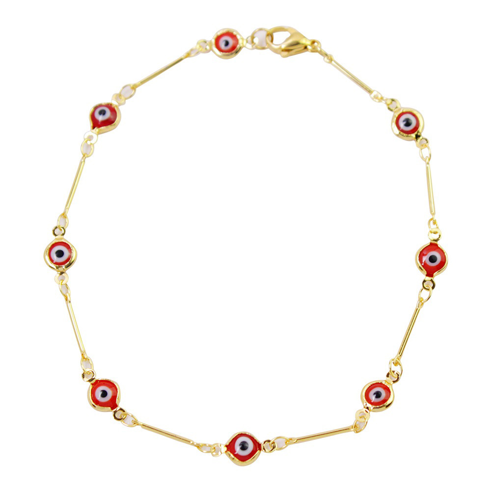 18K Yellow Gold Evil Eye Crystal Ankle Bracelet - Red Bar