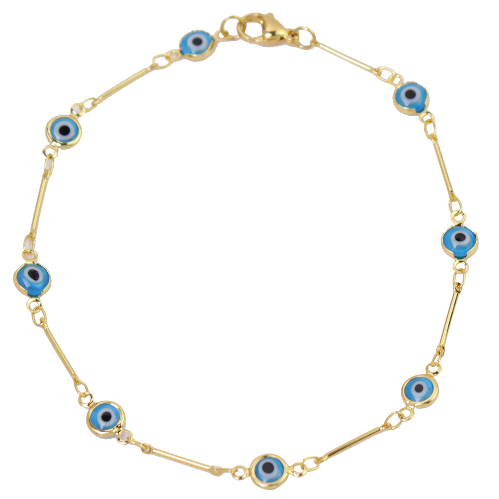 18K Yellow Gold Evil Eye Crystal Ankle Bracelet - Light Blue Bar
