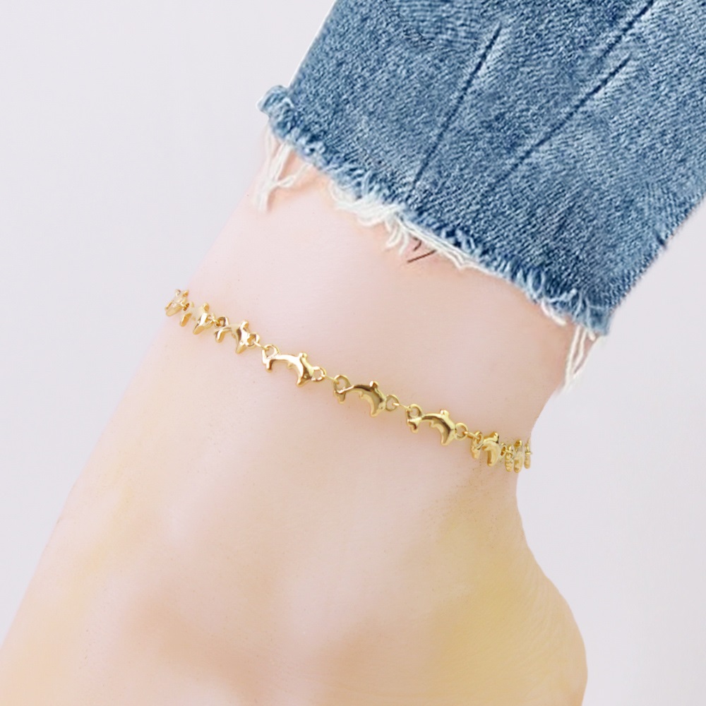 18K Yellow Gold High-Polish Ankle Bracelet - Dolphin