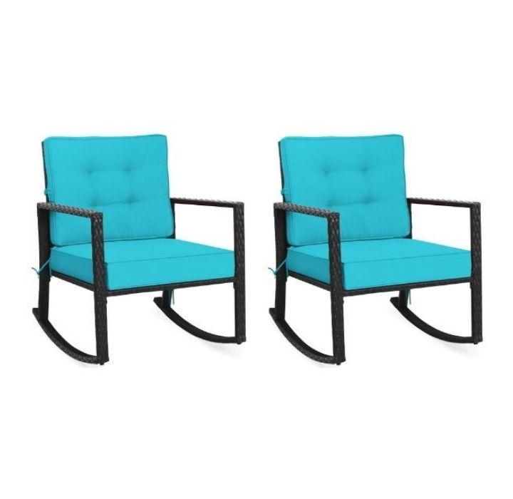 Photos - Garden Furniture Costway Rattan Cushioned Rocking Chairs  - Turquoise 2*HW66722TU (Set of 2)