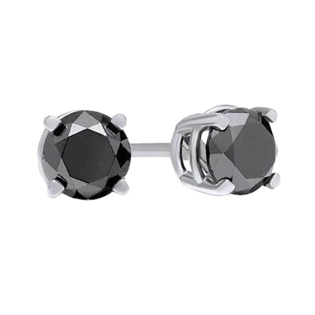 .925 Sterling Silver Genuine Black Stud Earrings - Round