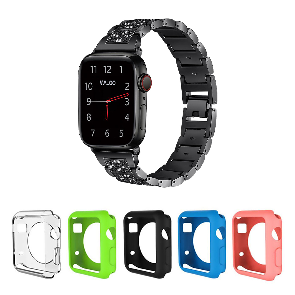 Rhinestone Pattern Band + 5-Count Gel Case for All Apple Watch Series - Rhinestone+GelPack42mmBlk