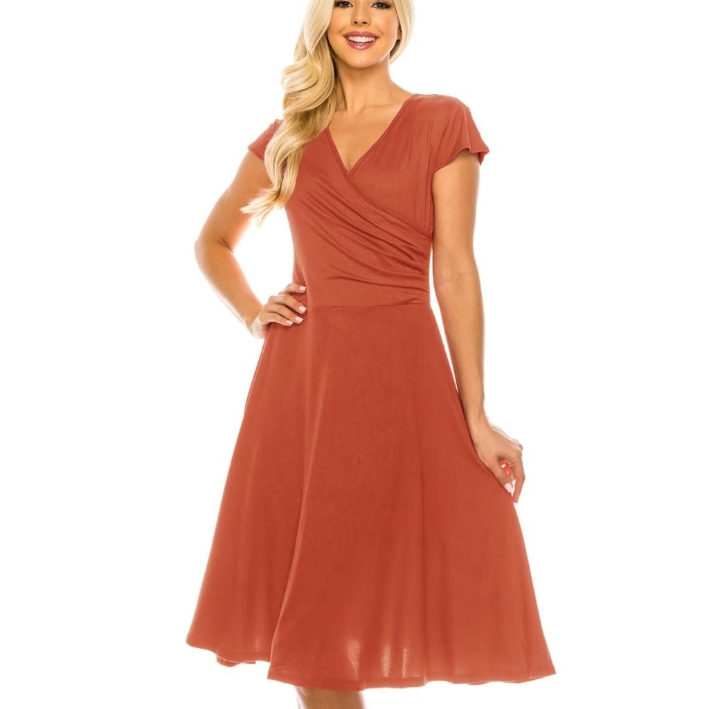 Women's Solid V-Neck Skater Dresses - 2X-Large - Rust