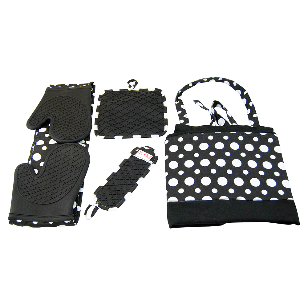 Le Chef™ 4-Piece Kitchen Tools Apron Set - Black Diamond Dot