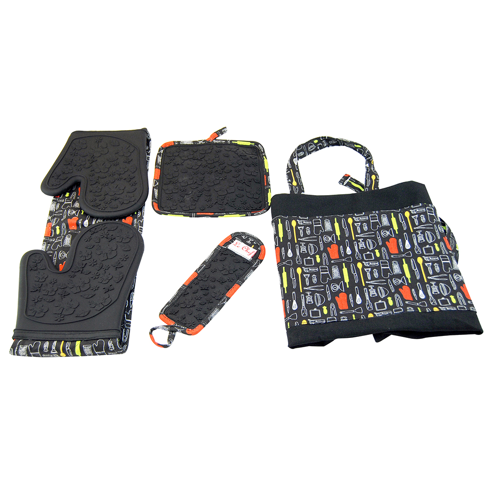 Le Chef&trade; 4-Piece Kitchen Tools Apron Set - Black Floral Tool