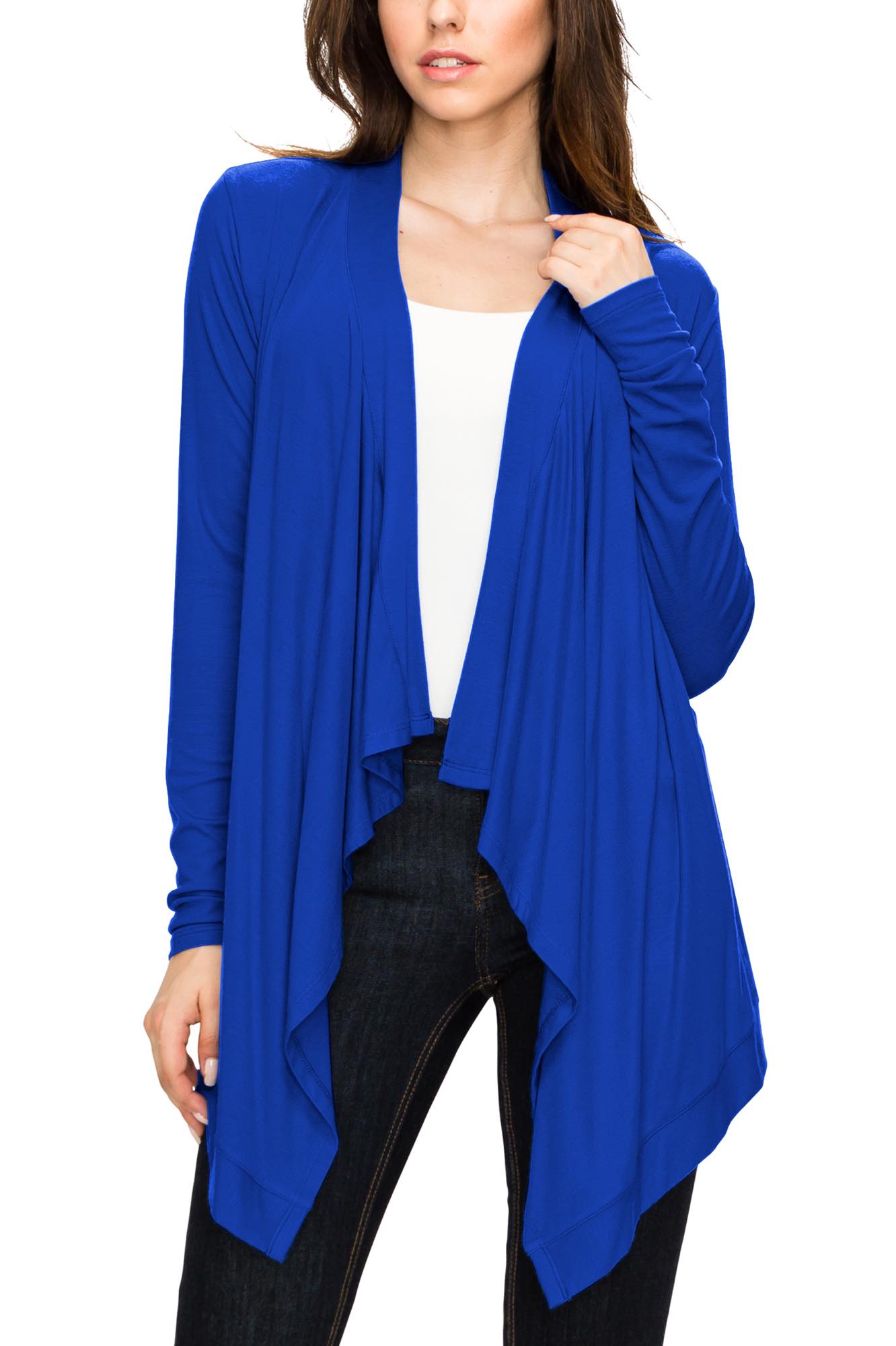 Women's Basic Draped Long Sleeve Open Front Knit Cardigan - ROYAL BRITE / S
