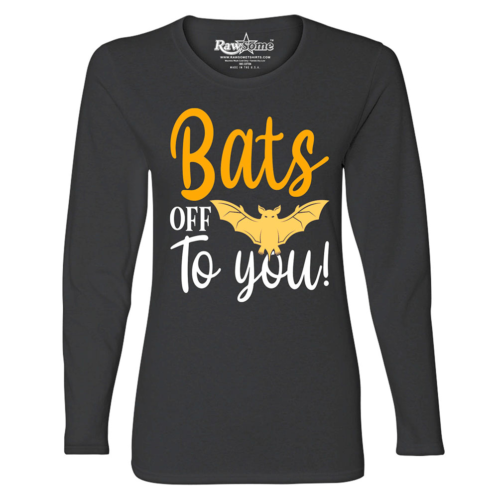 Women's Creepy Scary Halloween Long Sleeve Shirt - Bats Off to You - Black / 2XL