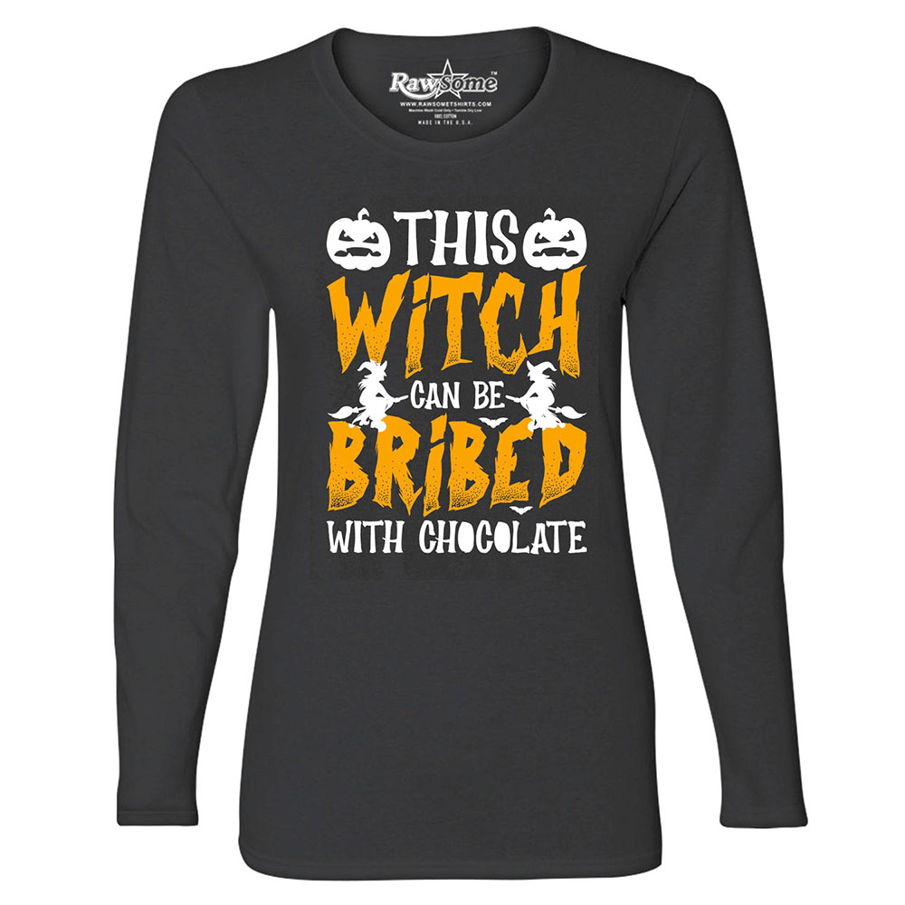 Women's Creepy Scary Halloween Long Sleeve Shirt - This Witch Can Be Bribed - Black / 2XL