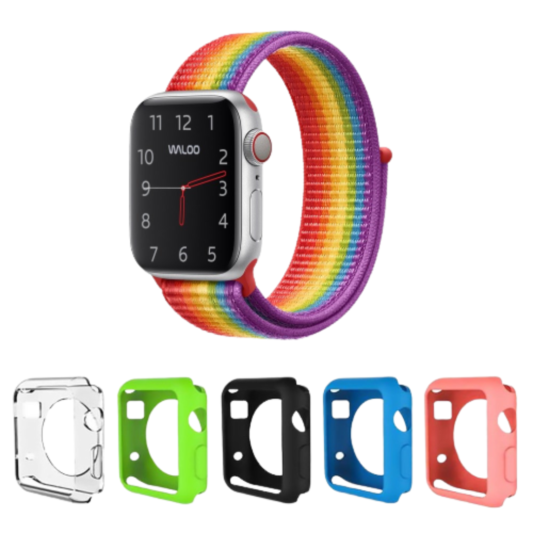Waloo® Nylon Band for Apple Watch + 5 Deluxe Screen Bumpers - 40mm Full Rainbow