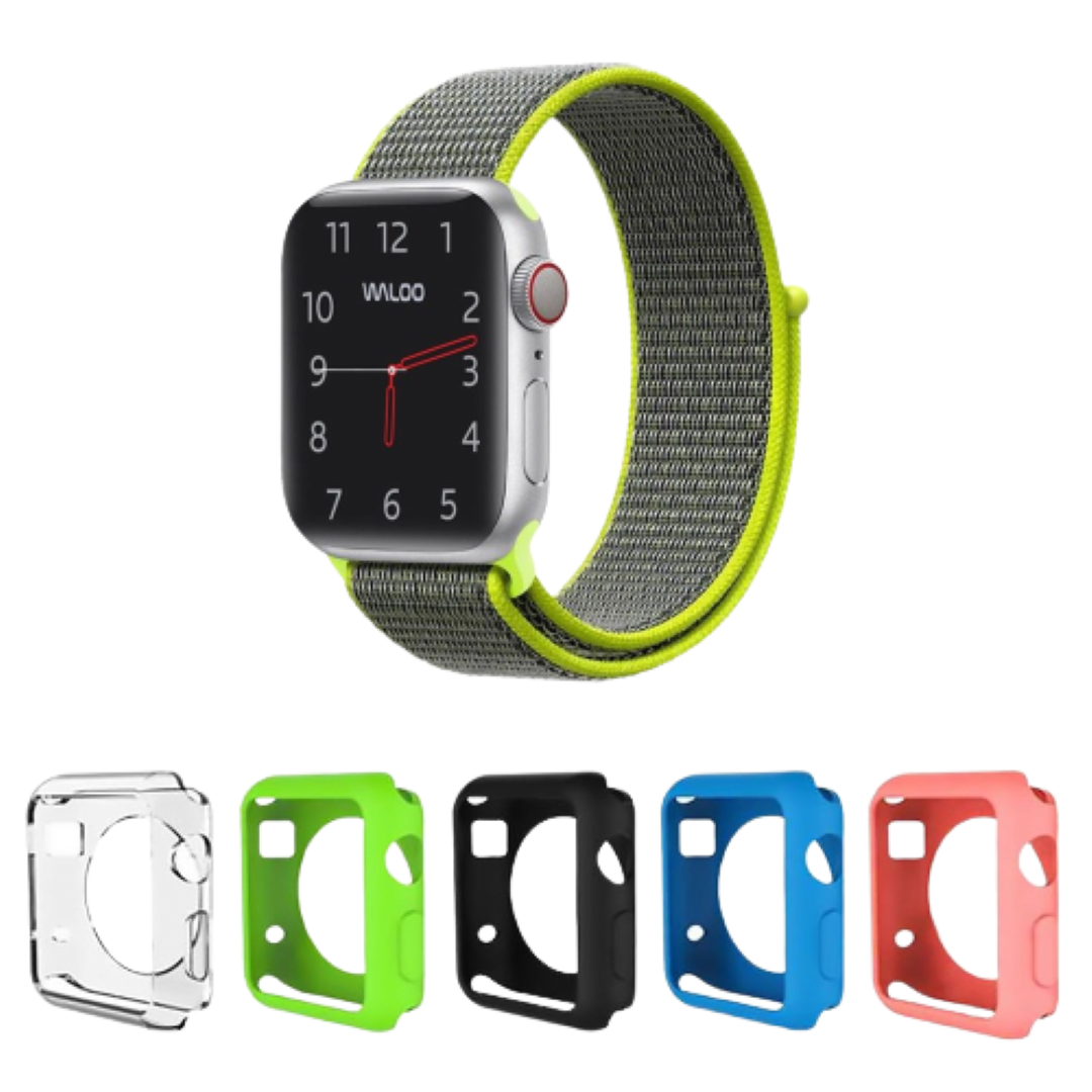 Waloo® Nylon Band for Apple Watch + 5 Deluxe Screen Bumpers - 42mm Green