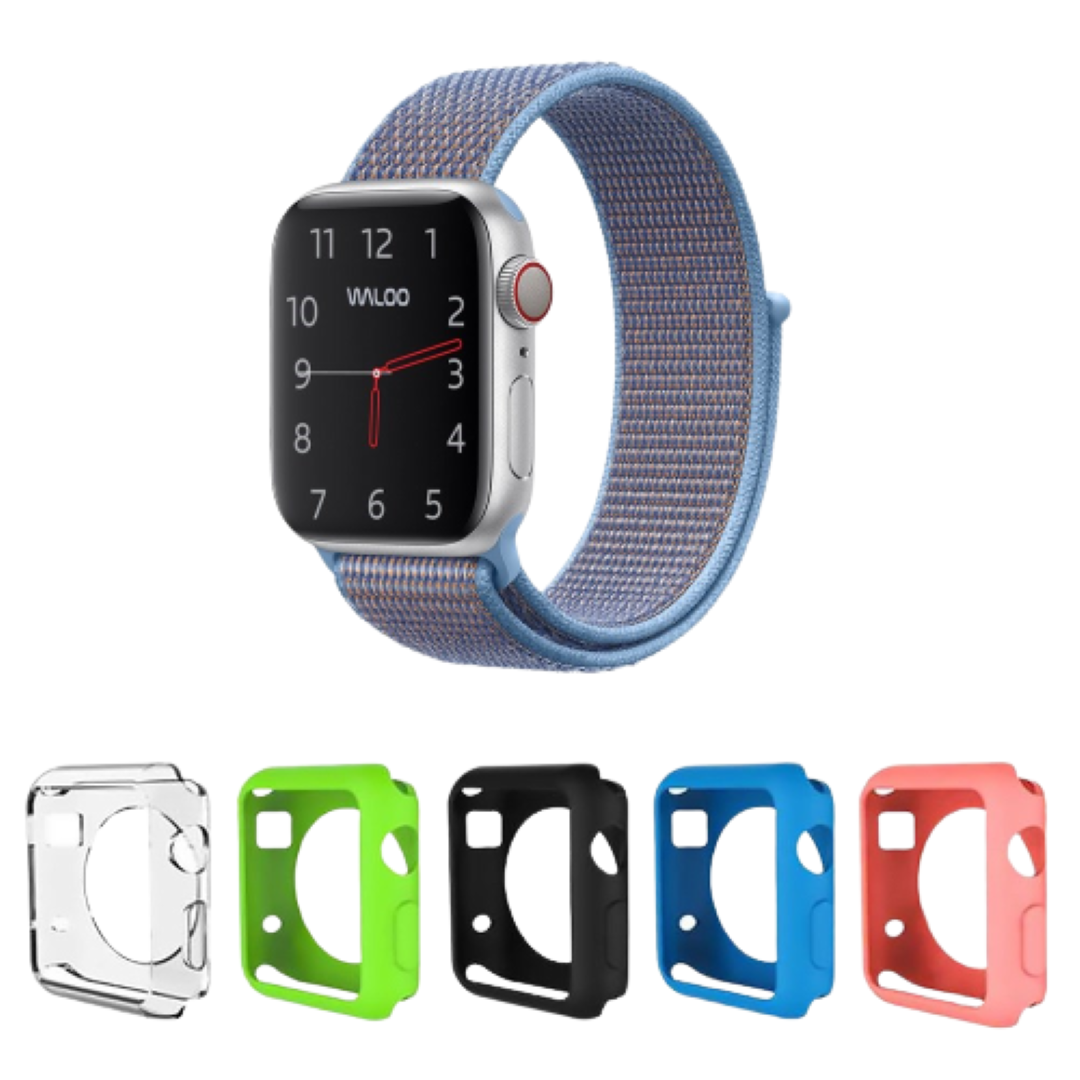 Waloo® Nylon Band for Apple Watch + 5 Deluxe Screen Bumpers - 42mm Light Blue