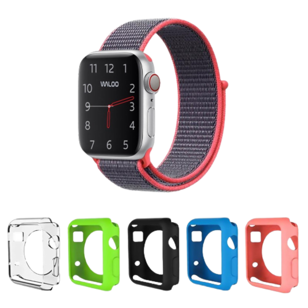 Waloo® Nylon Band for Apple Watch + 5 Deluxe Screen Bumpers - 42mm Navy/Pink