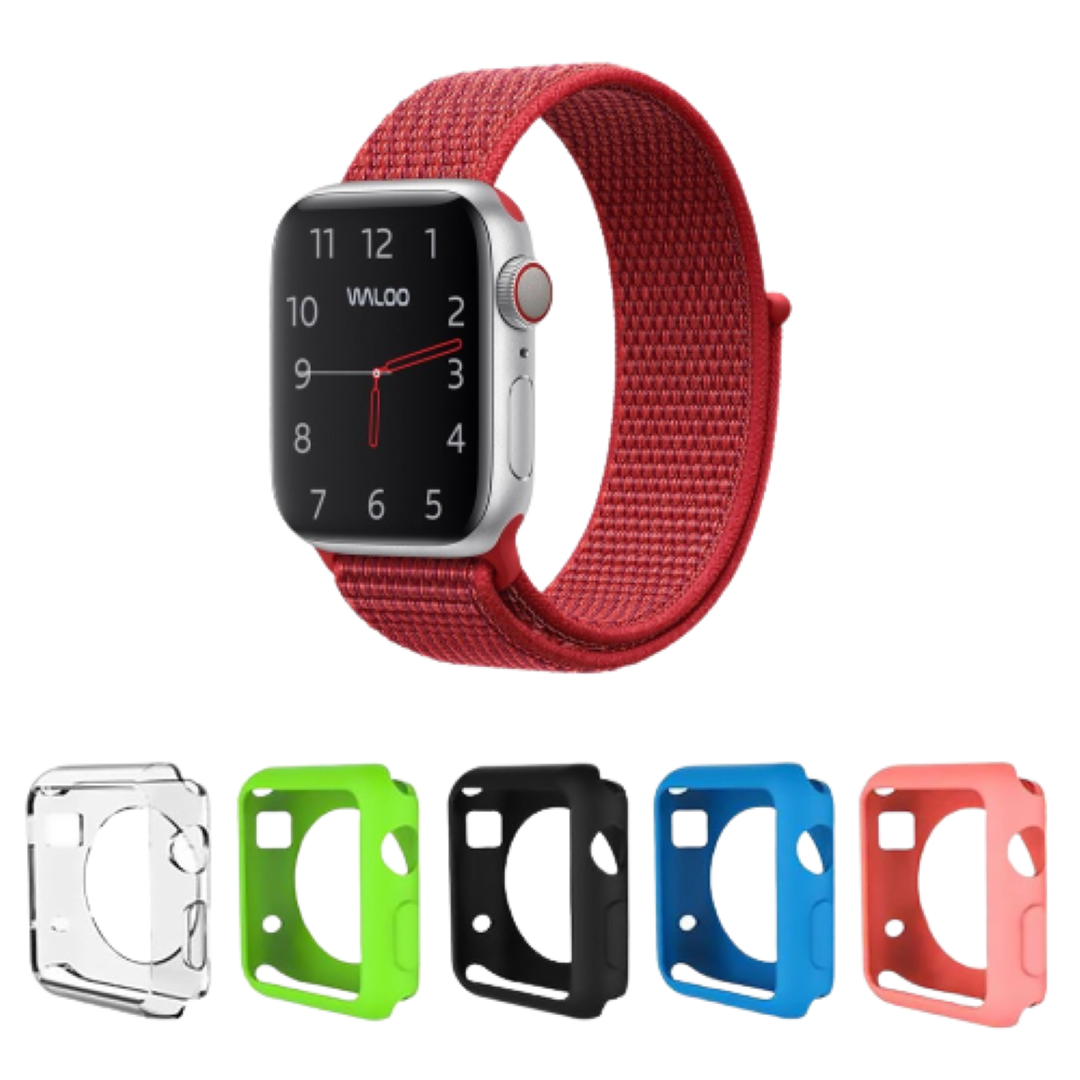 Waloo® Nylon Band for Apple Watch + 5 Deluxe Screen Bumpers - 42mm Red