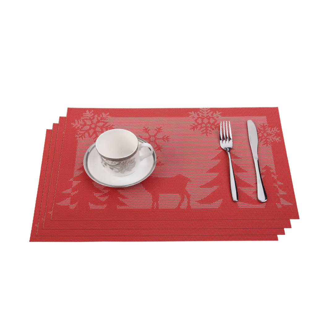 Cross Woven Vinyl Washable Table Mats (Set of 4) - Red & White Deer Jacquard