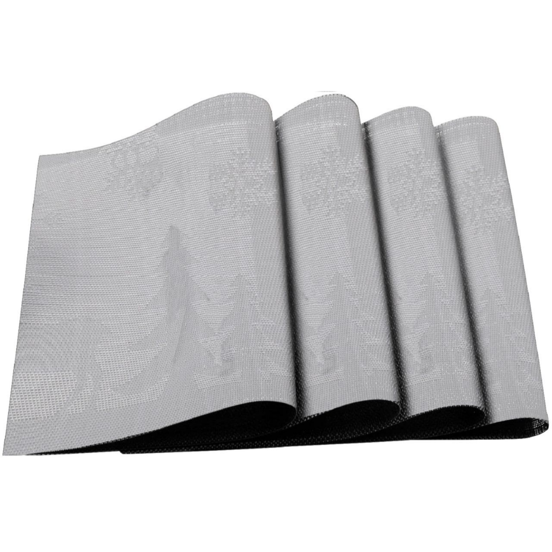 Cross Woven Vinyl Washable Table Mats (Set of 4) - Silver & White Deer Jacquard