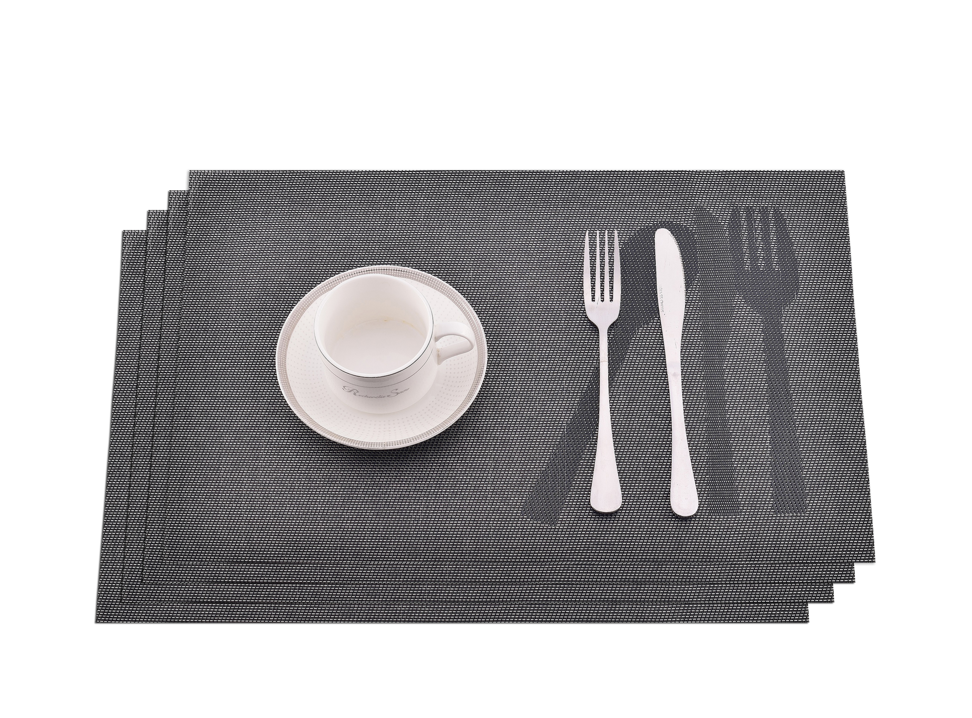 Cross Woven Vinyl Washable Table Mats (Set of 4) - Black Snowflakes Jacquard 12" x 18" In.