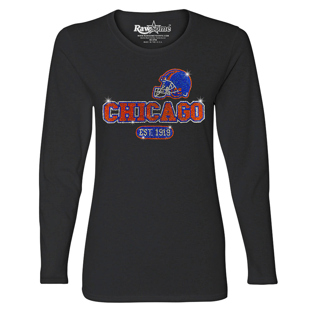 Women's Awesome Football Rhinestone Bling Long Sleeve Shirt - Chicago - Black / 2XL