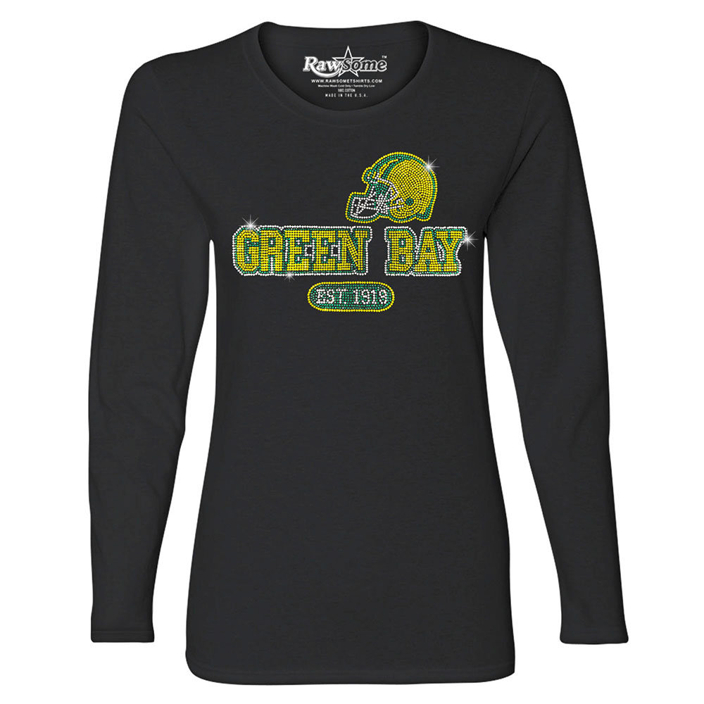 Women's Awesome Football Rhinestone Bling Long Sleeve Shirt - Green Bay - Black / 2XL