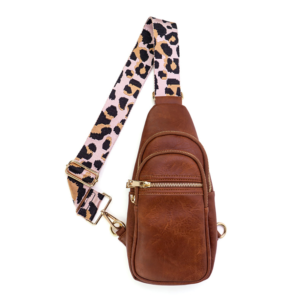Riley Vegan Leather Sling Bag (Choose Your Strap) - Brown / Red/Blue Stripe