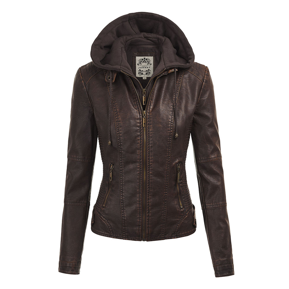Women's Faux Leather Moto Jacket with Hoodie - Coffee - XS