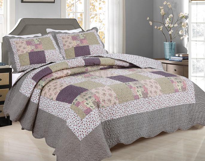 Printed 3-Piece Quilt Set - Grey/Purple Patchwork - F/Q