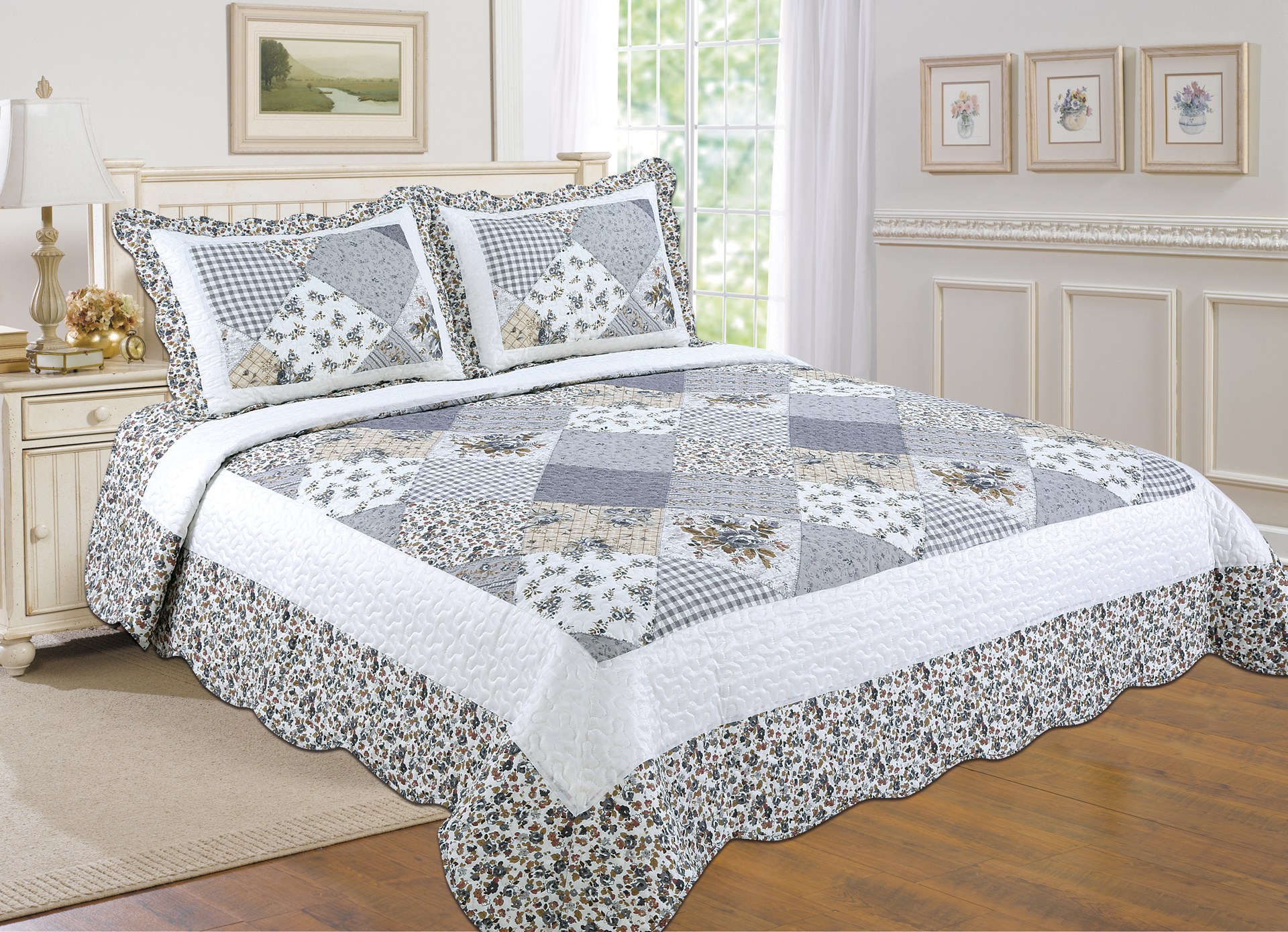Printed 3-Piece Quilt Set - Grey Floral - King